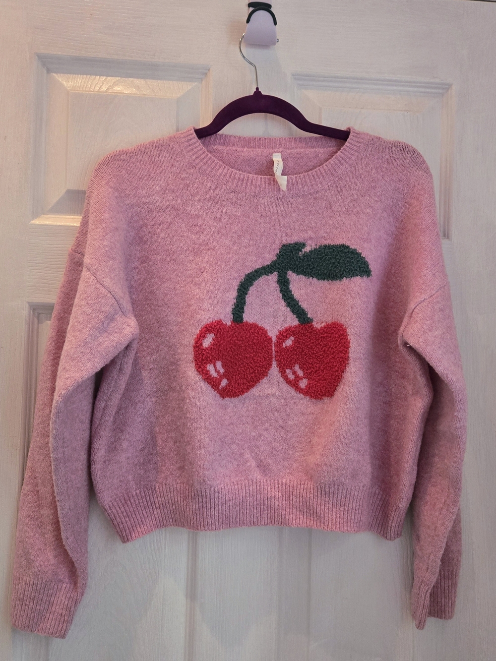 Dreamers by Debut Pink Soft Knit Cherry Motif Cropped Boxy Sweater